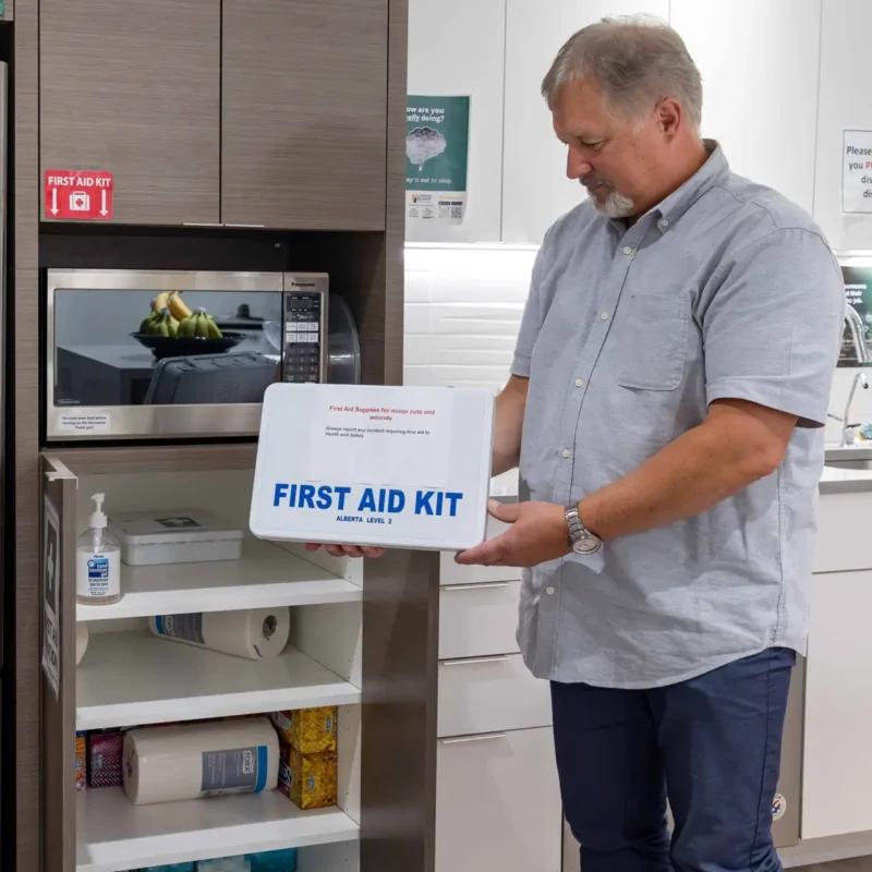 Office first aid kit photo at Surerus Murphy Joint Venture team's office kitchen, highlighting corporate photography services.