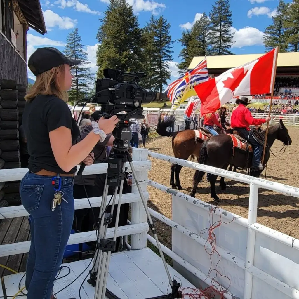 Camera operators capturing the action at the rodeo.