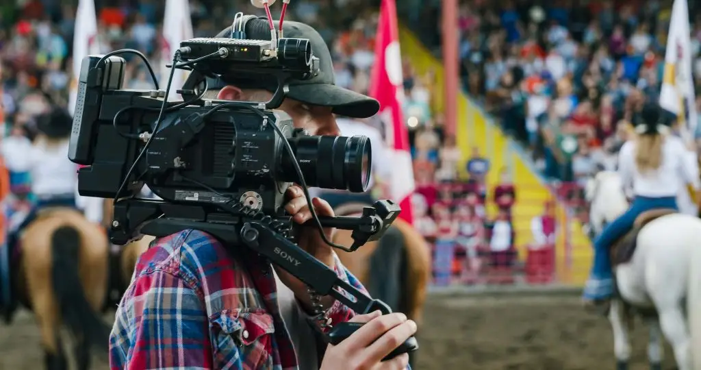 Live rodeo streaming setup showing multiple cameras capturing a bull-riding event with a global online audience.